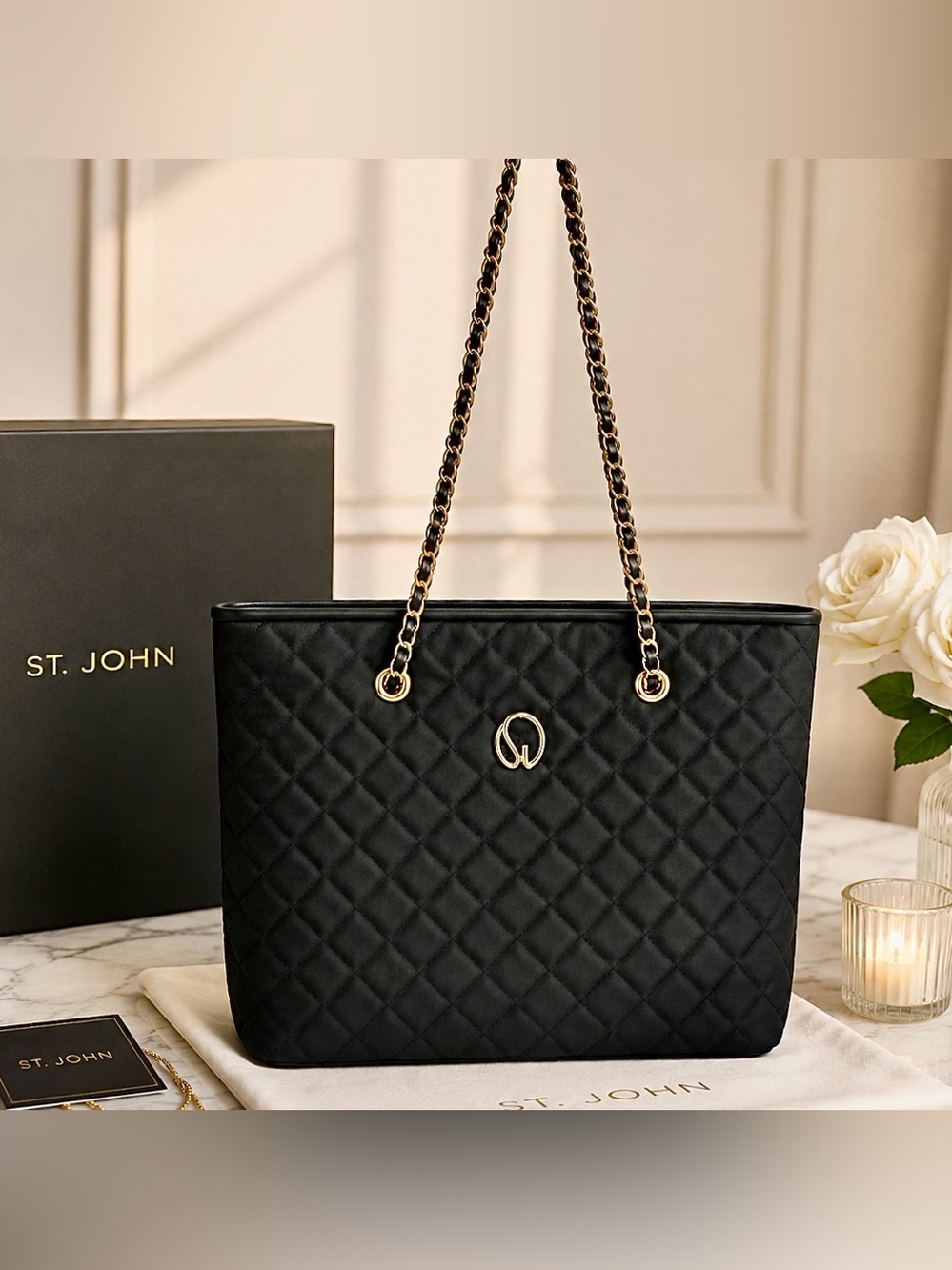 St. John Black Quilted Tote with Gold Chain Handles